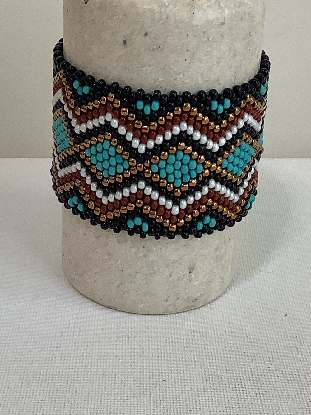 Handcrafted Turquoise, Black & Gold Beaded Cuff Bracelet